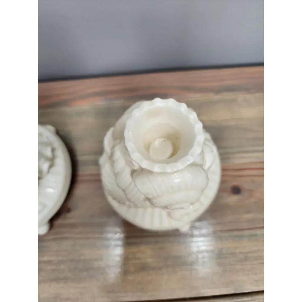 Vintage Shafford Japan 1989 Candlestick Holder Set Shells Coastal Ivory